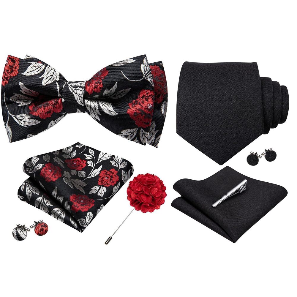 3339 Black Bow Ties and Tie Clip Set Pocket Square Cufflinks Formal